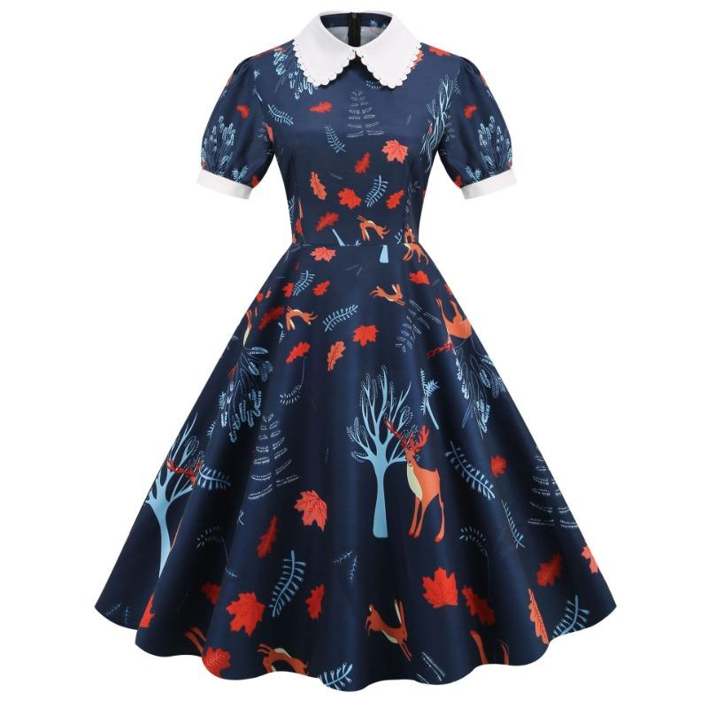 

Женская одежда поставка лето новый продукт бант воротник куклы короткий рукав классический ретро средней длины платье с принтом XXXL