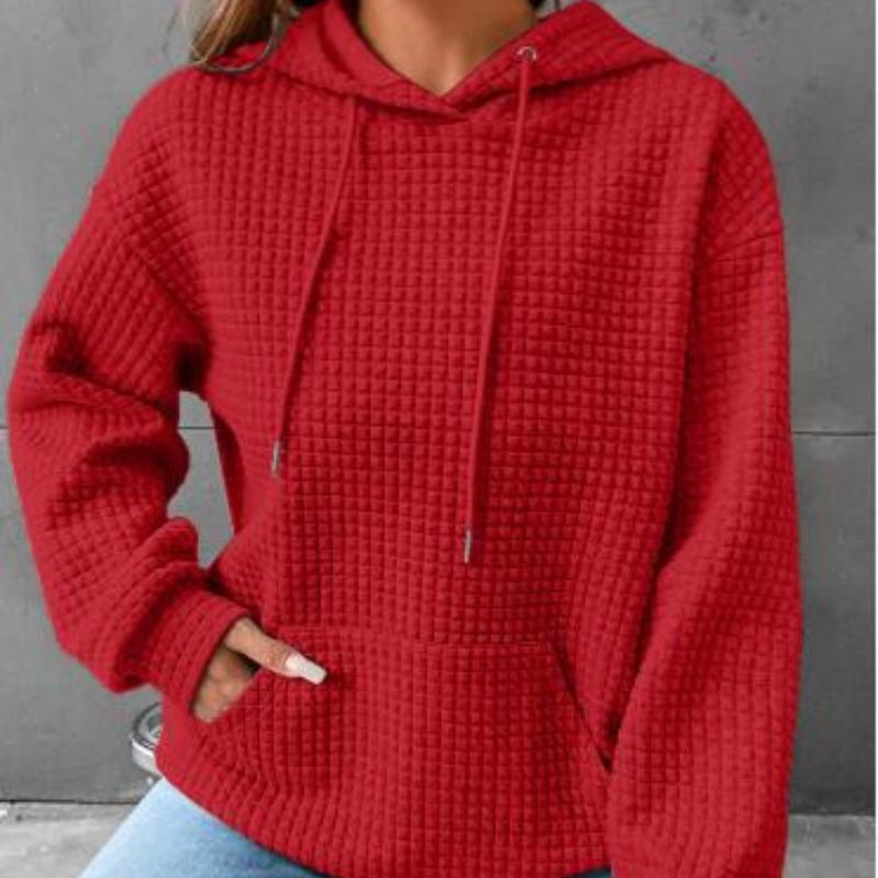 Autumn and Winter Ladies Casual Solid Color Waffle Hooded Long-sleeved Sweater
