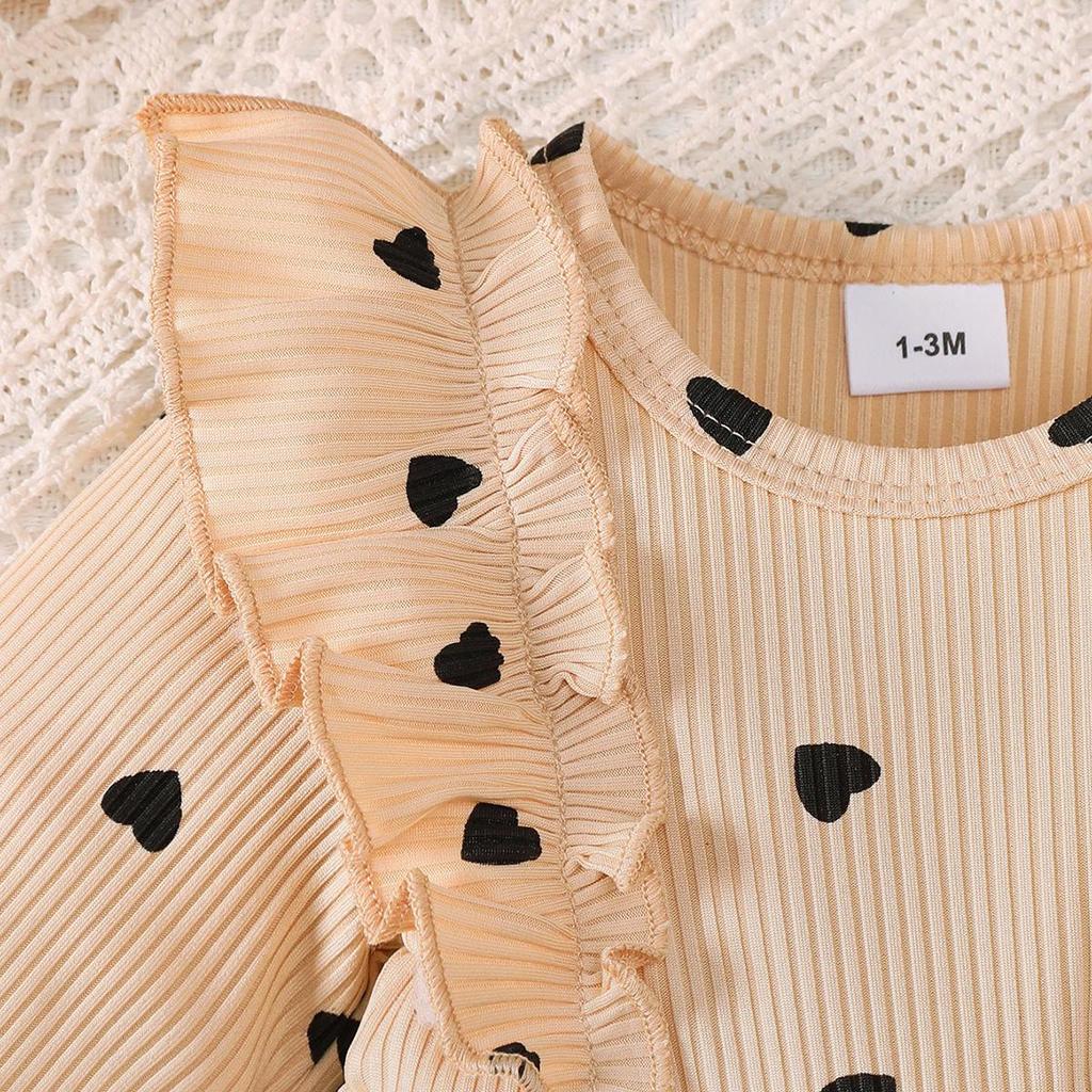 0-18 Months Baby Girl Clothes Sweet 2Pcs Dress Set Ruffle Heart Print Dress with Matching Headband Infant Autumn Casual Outfit