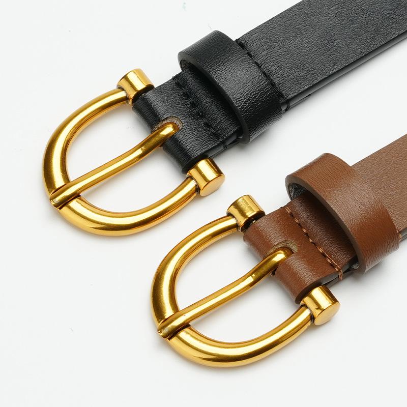 Belt Korean Version Punching Pin Buckle Gold Brown Genuine Leather Cowhide Slim Lady Belt Women's Belt