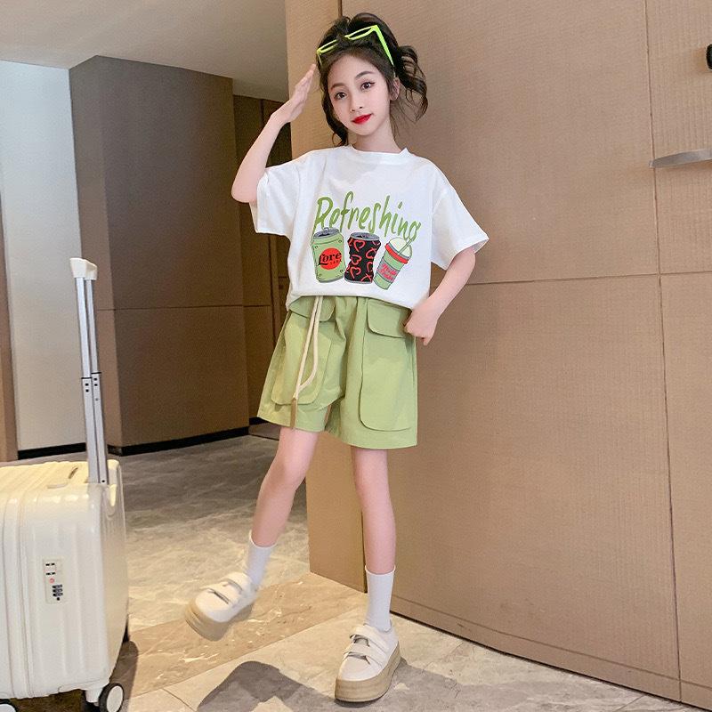 Girls Korean Version of the Casual Sports Suit Summer Dress Middle and Large Children Short-Sleeved Shorts Letter Short-Sleeved