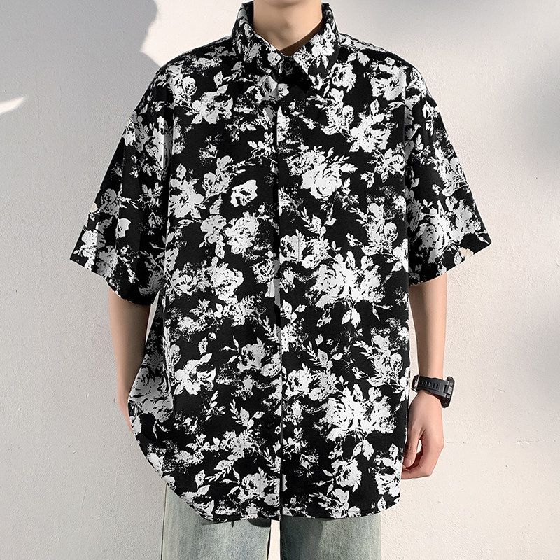 Japanese-Style Vintage Floral Full-Print Shirt for Men, Summer High-End Casual Loose Short-Sleeve Shirt