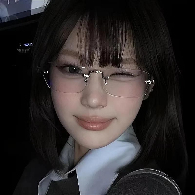 Korean Rimless Anti Blue Light Glasses Unisex Silver Fashion Intellectual Square Frame Clear Lens Computer Reading Eyewear