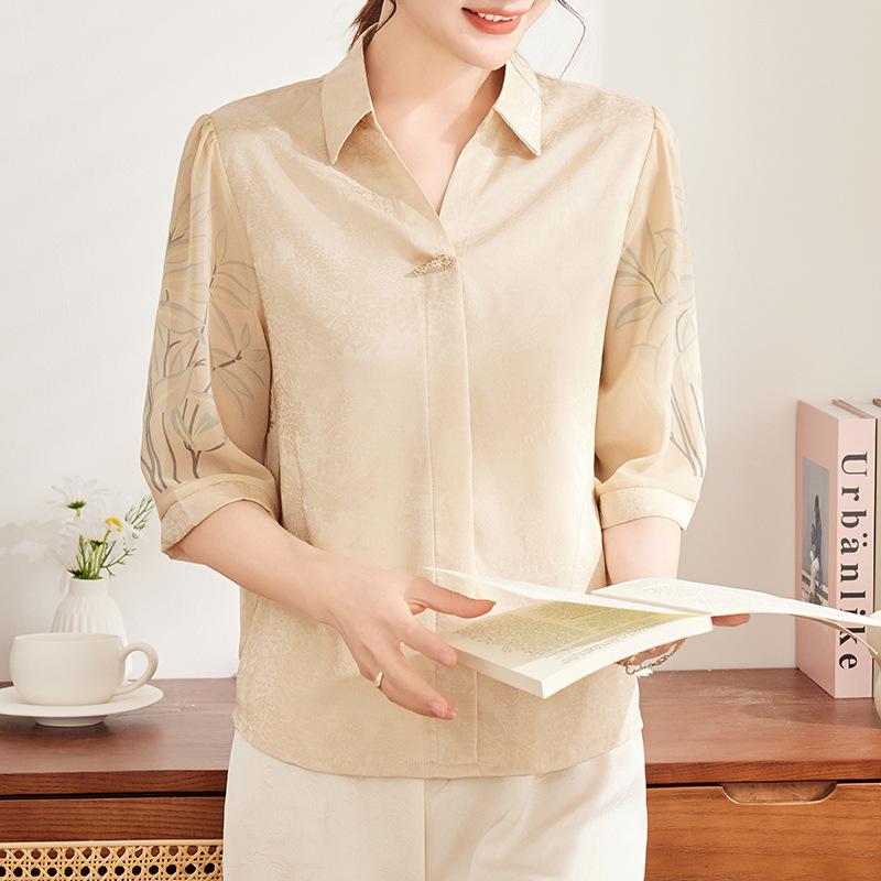 Mother s Day Chiffon Seven-Sleeve Lapel Shirt for Middle-Aged & Elderly Women XXL жёлтый