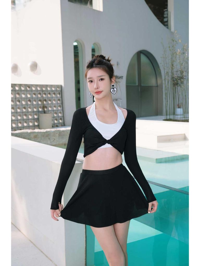 Women's Korean Color Block One-Piece Swimsuit - Slimming Split Dress Style for Vacation