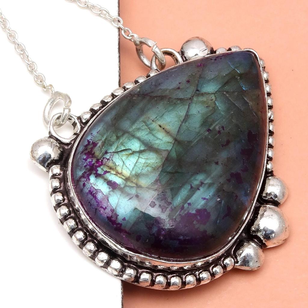 Pendant Silver  Peridot Labradorite Gemstone Jewelry Sterling 2.5" Fiery