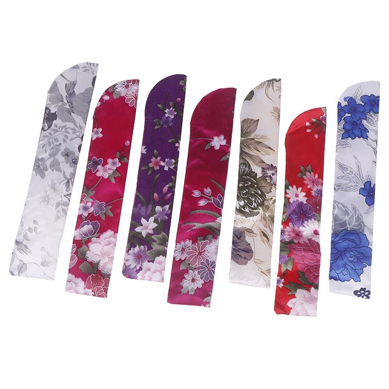 1Pc Japanese Style Shell Shaped Fan With Storage Bag Silk Cloth Bamboo Folding Fans Single-Side Flower Curved Fanbone Hand Fan