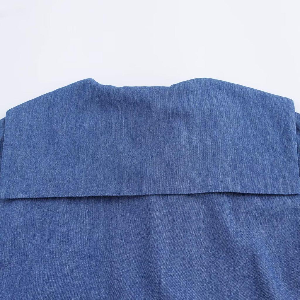 2025 Spring Women's Denim-Look Cotton Point Collar Long Sleeve Shirt (European/American Style)