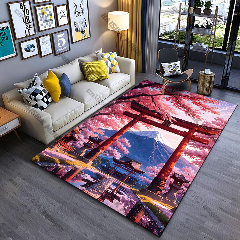 Serene Temple Cherry Blossoms Carpet Yoga Living Room Room Decor Children's Crawling Mat Doormat Area Rug Games Mat