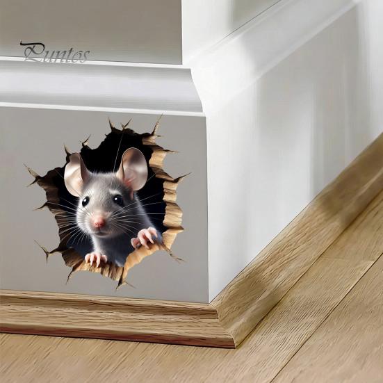 Wasserdichter PVC-Tieraufkleber Graue Maus Spähend Wandaufkleber, 3D-Loch-Effekt-Sticker, Abnehmbare Wandmalerei für Wohnzimmer Schlafzimmer Fenster Langlebig Außen