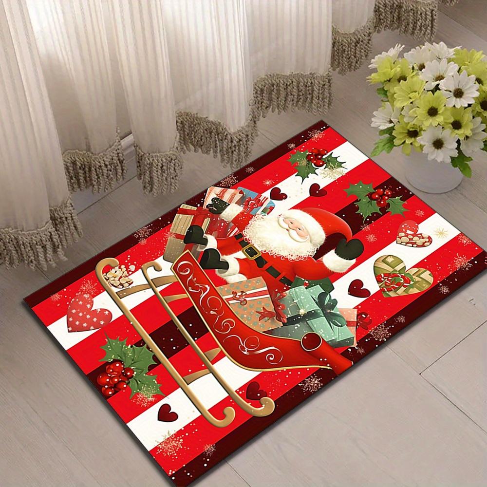 Durable Build Festive Santa Claus Area Rug - Durable Polyester Carpet with Christmas-Themed Design, Red & White Stripes, Green