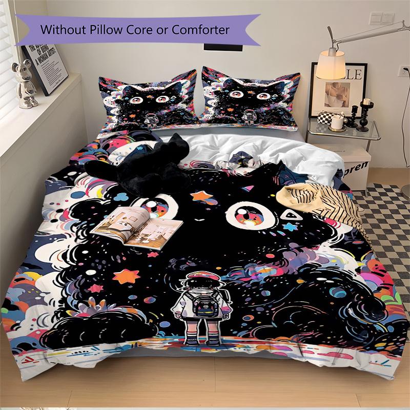 3pcs Giant Colorful Black Cat Print Bedding Set (1 Cover + 2 Pillowcases, Without Inserts), This Printed Bedding Set Is Soft and Comfortable