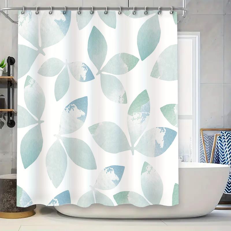 

Blue Green Leaves Shower Curtain Waterproof Decorative Bath Room Plastic Hook Ring Set Home Decoration (60X72In) W60H190(CM)-1 Pcs