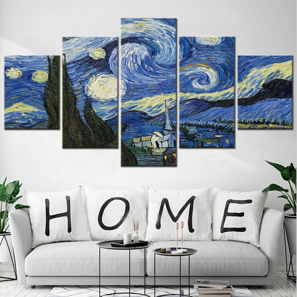 5 Panel Wall Art Canvas Set Abstract Starry Night Picture by Van Gogh Aesthetic Room Decor Poster Bedroom Wall Painting