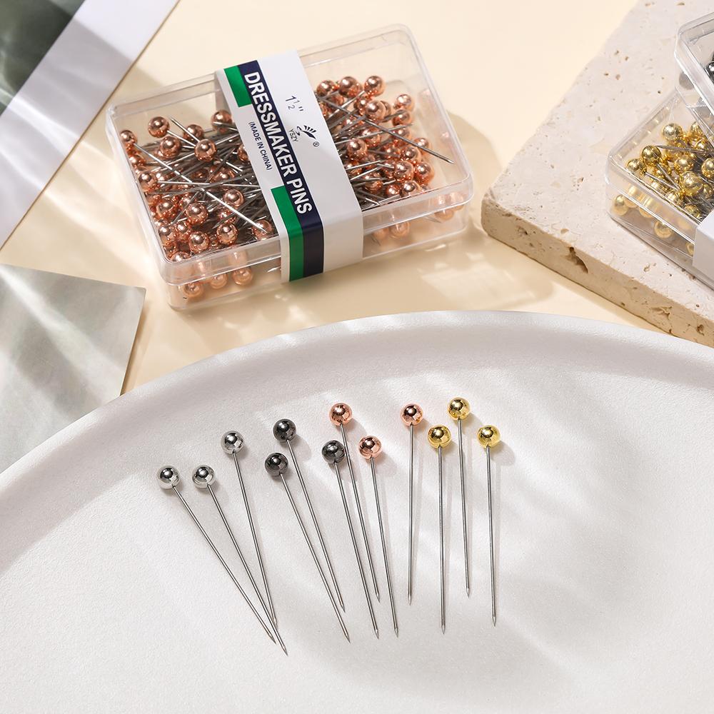 100 Pezzi/Scatola Acciaio Inossidabile Testa Rotonda Perla Spilli da Cucito Dritto Spingere Spilli da Cucito Per Sartoria Fai da Te Strumento da Cucito Posizionamento