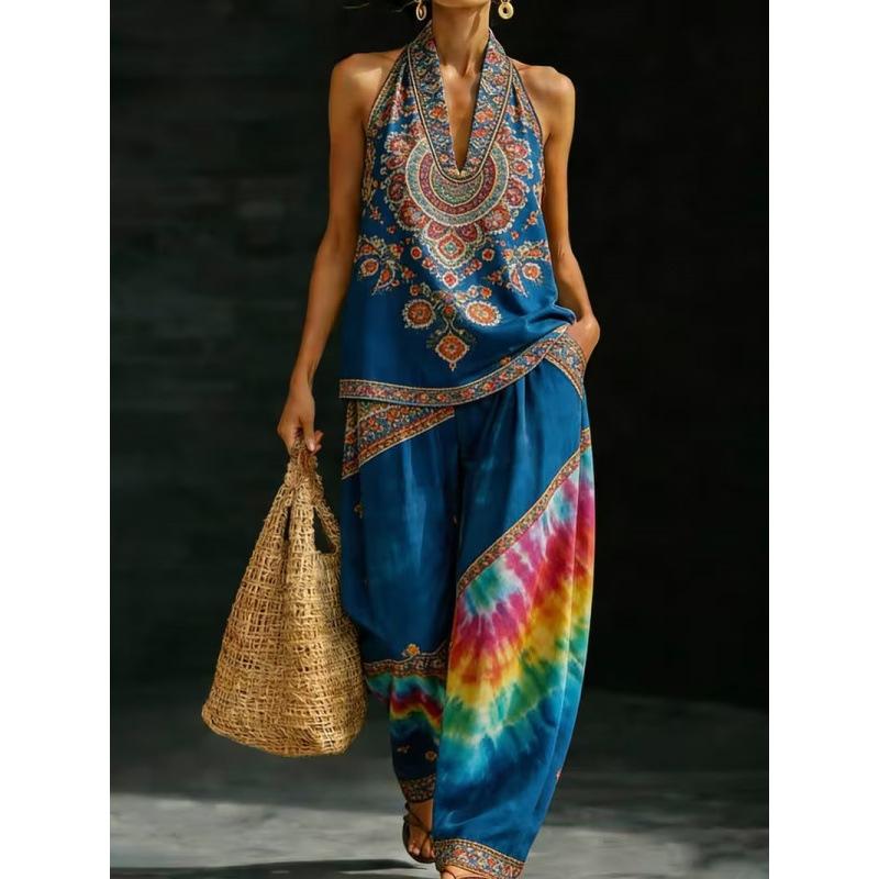 1116 Summer Cool Neck Suit Women's Temperament V-Neck Off-Shoulder Top + High Waist Wide Leg Pants Two-piece Set