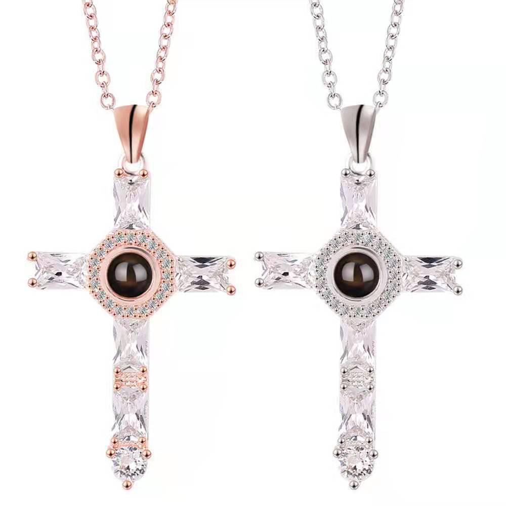European & American Crystal Cross Projection Pendant Necklace with Diamond Accents