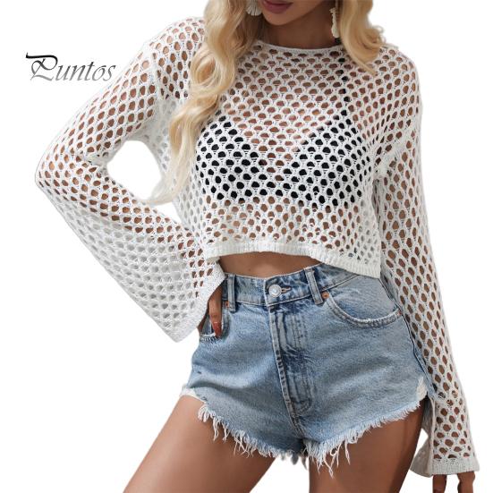 

Женское трикотажное летнее накидка, однотонный круглый вырез, рукава-колокольчики, пляжная одежда, сетчатая накидка на бикини для пляжного отдыха, повседневные наряды S белый