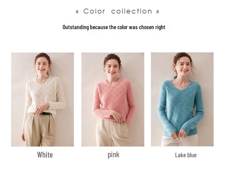 Women’s Heavy Knit Wool V-Neck Sweater – Long Sleeve, Loose Fit, Cashmere Blend, Age-Defying Style