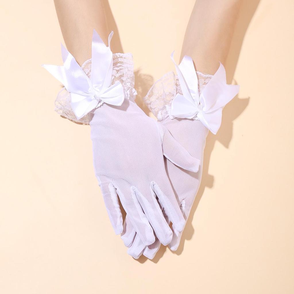 Bridal Wedding Dress Gloves - Women's Short Black Mesh with Lace Trim and Bow