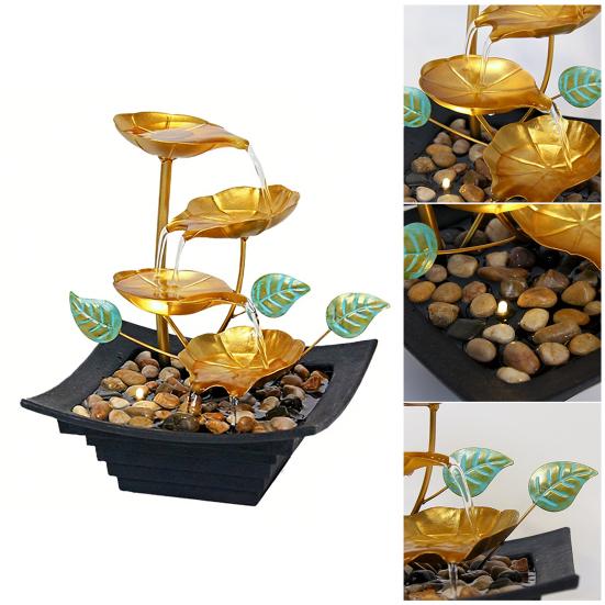 Golden Relaxation Tabletop Water Fountain with LED Light 4 Tier Lotus Small Desktop Waterfall Fountain with Rocks for Home Bathroom Bedroom Decor