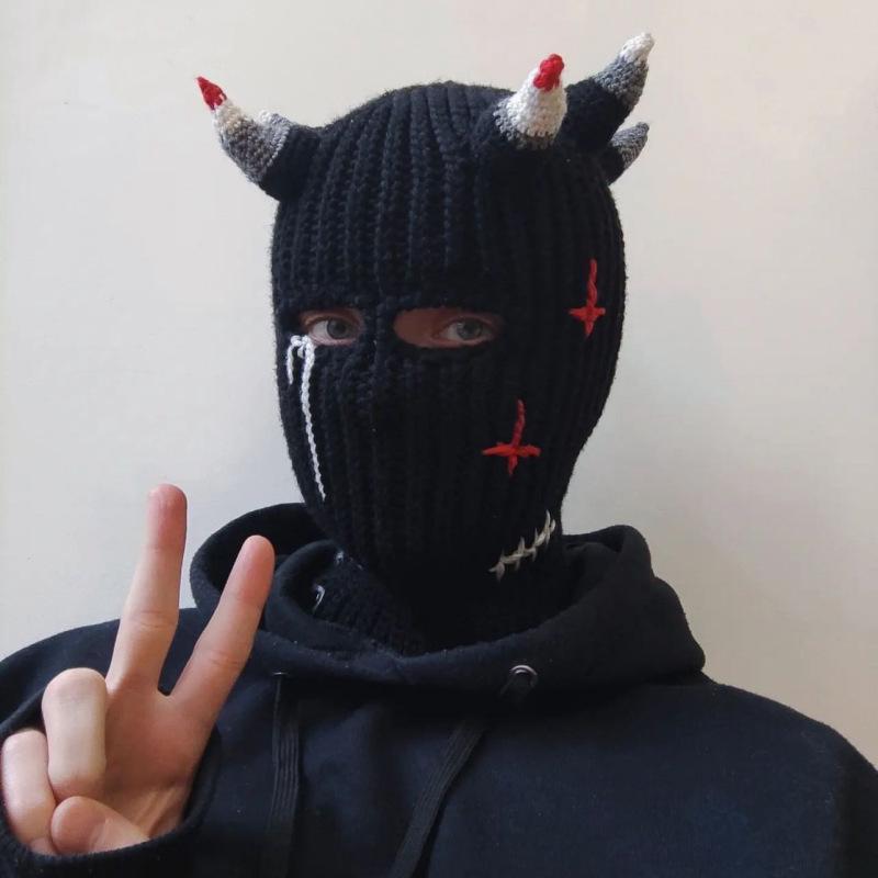 Y2K Style Crochet Halloween Party Cow Horn Parent-Child Ski Mask Hat