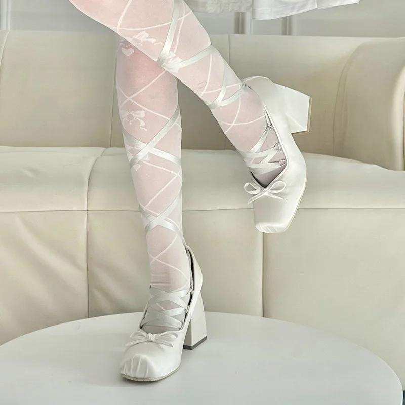 2025 Minuet Pink Mary Jane High Heels Lolita Thick Heel Satin Ribbon Ballet Sandals For Women Pumps