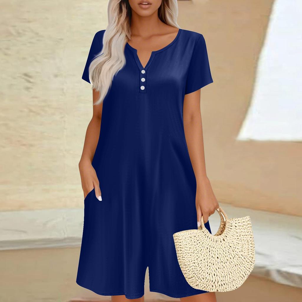 Womens Casual Short Sleeve Jumpsuit Fashion Top Jumpsuit Shorts Rompers With Pockets
