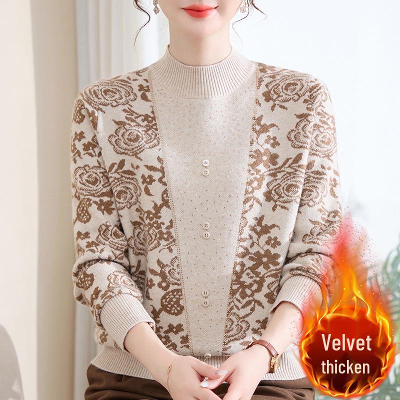 Elegant Knit Top for Middle-Aged & Elderly Women - Autumn/Winter Half-High Collar with Fleece Lining