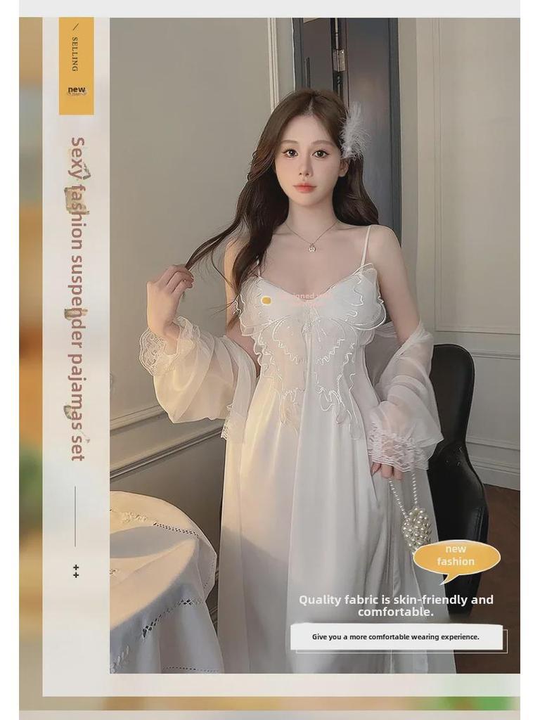 Women's Sexy Large Size Silk Suspender Pajama Set with Butterfly Crystal Sequins & Chest Pads