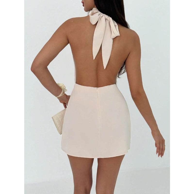 Women's Satin Halter Neck Mini Dress Backless Draped Waist Sleeveless Elegant Cocktail Party Evening Clubwear Short Dress 4 Colors