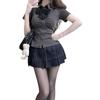 JK Style Kurzarm Crop Top & Plissee Rock Set mit hoher Taille - Sommer