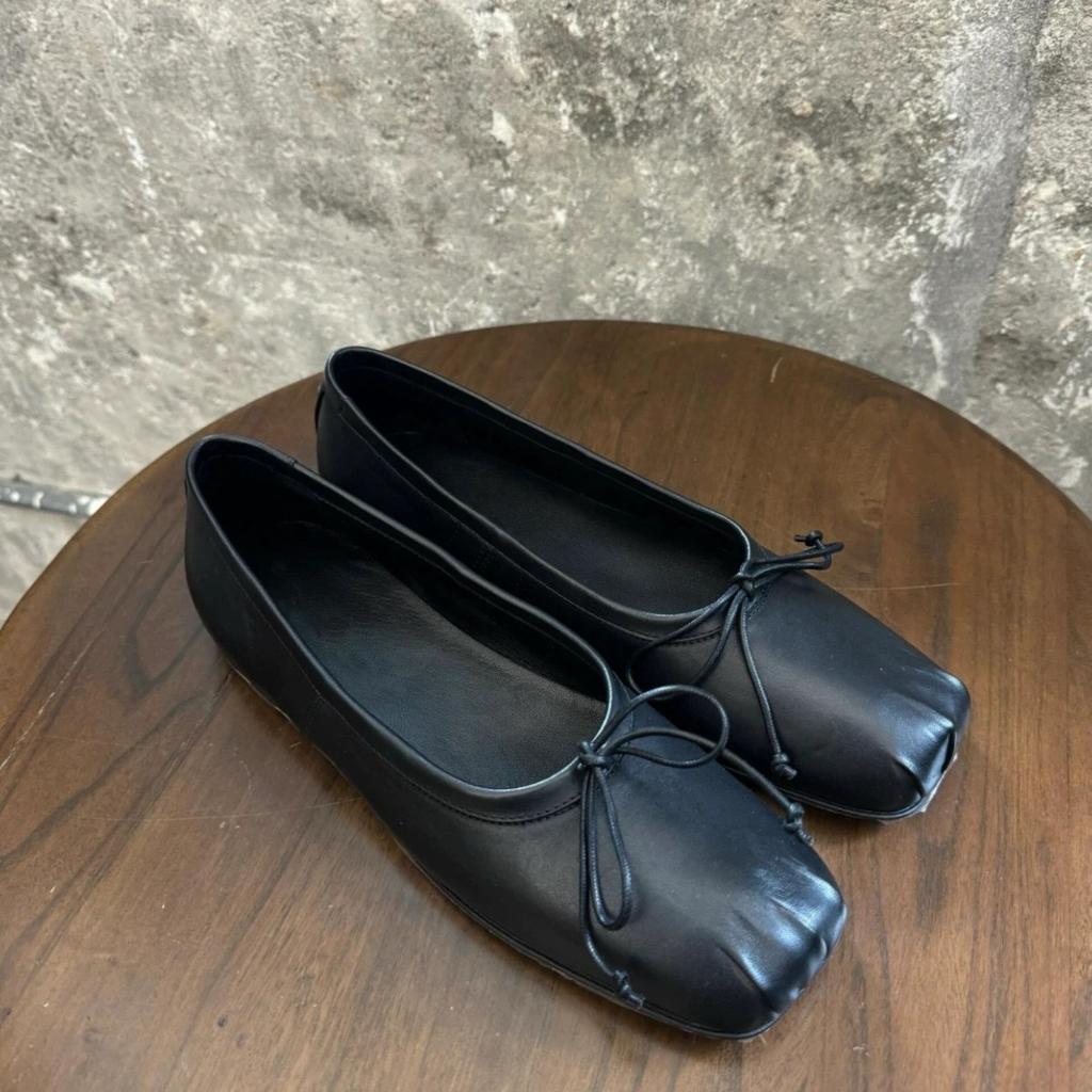Cowhide version~ Versatile square head pleated bow single shoes women's 2025 new one-pedal flat ballet shoes