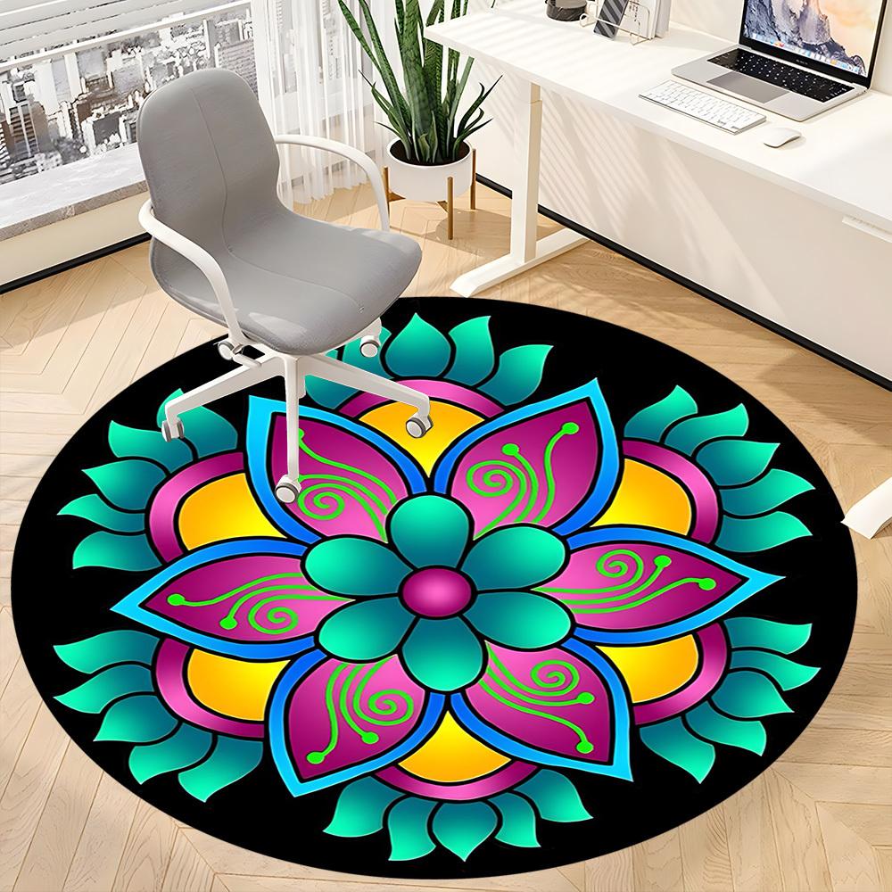 1pc Colorful Flower Mandala Chair Carpet for Office, Round Polyester Mat, Indoor Decor for Office, Easycare Fabric, Washable Non-slip Area Carpet