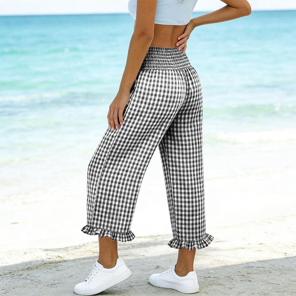 Women’s Plaid Wide Leg Pants with Ruffle Hem High Waist Loose Fit Lightweight Cropped Trousers for Casual Wear