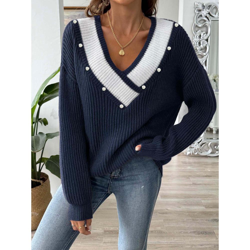 Women’s Pearl-Embellished Top: Colour-Blocked, Wide V-Neck, Loose-Fitting Knitted Pullover
