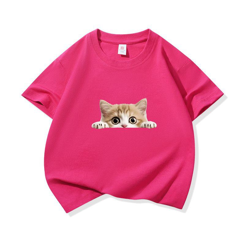 Kids Cotton T Shirt Peeking Orange Kitten Cat Print Crew Neck Short Sleeve Tee Casual Breathable Boys Girls Summer Tops