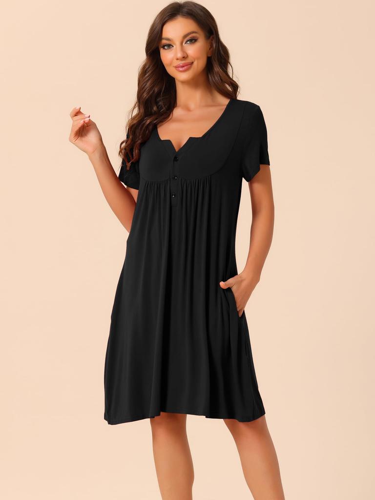 Cheibear Room One Piece Summer Short Sleeves with Solid Lounge Size XL Women's Pajamas, Pockets, Color, Knee-Length Nightgown, Black,