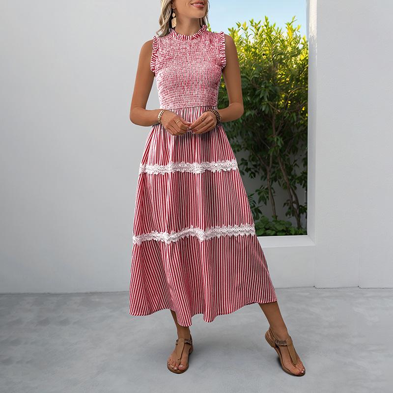 Summer New Style Casual Sweet Dress for Women Featuring Lace, Frills At The Ears, Sleeveless and Striped Design.