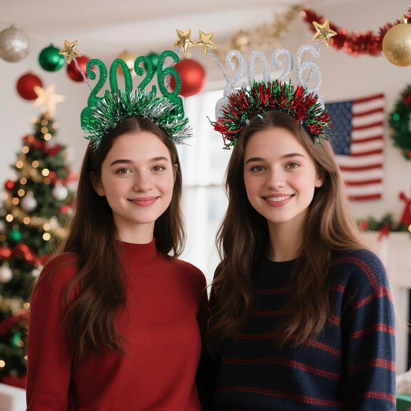 1/2Pcs 2026 New Year Headband Kids Adult Glitter Hair Accessories Funny Glasses Photo Props Christmas Decoration Gifts
