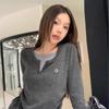 Long Sleeves Korean Fashion Style O-neck Tshirt for Women Fake Two Items T-shirts Ladies Top Tee Clothes