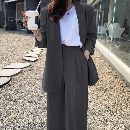 2 ks/sada Lady Formal Coat Kalhoty Set Dlouhé rukávy Otevřený steh Kardigan Střední délka Bunda Volný Rovný Široká noha Kalhoty s vysokým pasem Formální Business