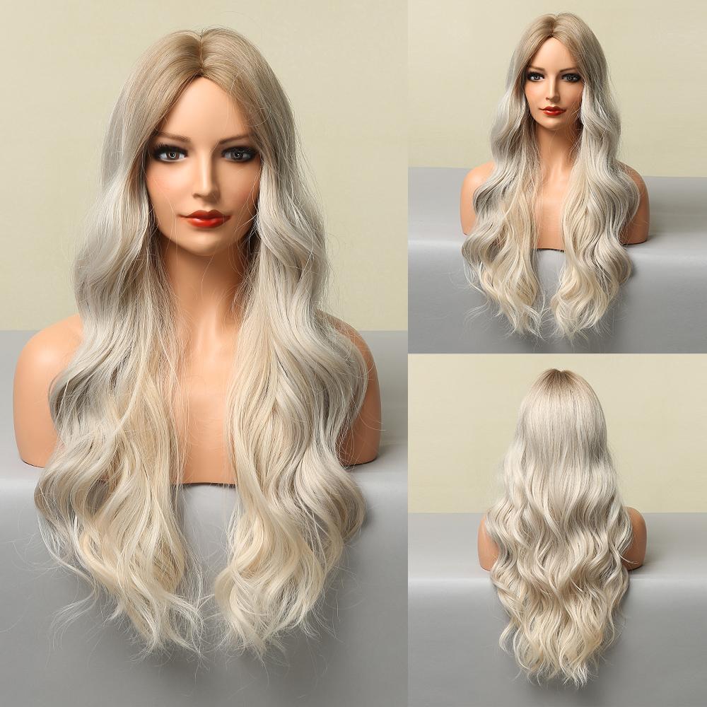 EASIHAIR Long Honey Brown Ombre Highlight Synthetic Wigs for Women Mixed Brown Wavy Natural Wigs Middle Part Cosplay Wigs Heat Resistant