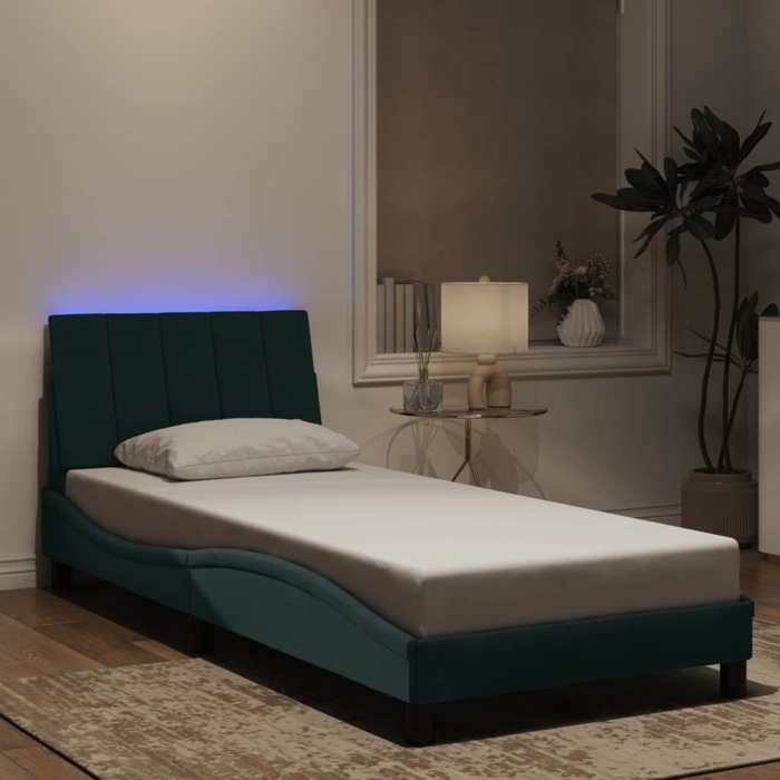 VidaXL Cadre de Lit avec Lumières LED, Lit Rembourré avec Sommier à Lattes, Lit Simple, Lit Adulte, Moderne, Vert Foncé 3213760