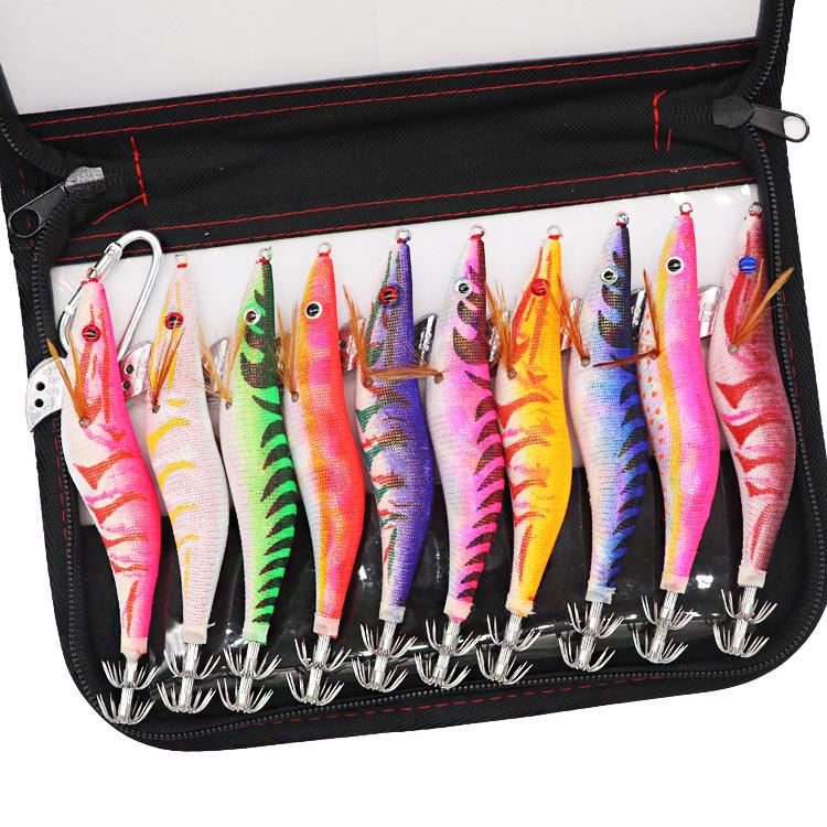 Fishing Lure Set: Luminous Squid Hooks & Wooden Shrimp Bait (3.0#-3.5#)