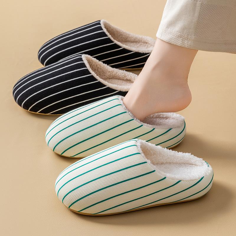 Winter striped warm cotton slippers home indoor piled thickened non-slip silent plush slippers