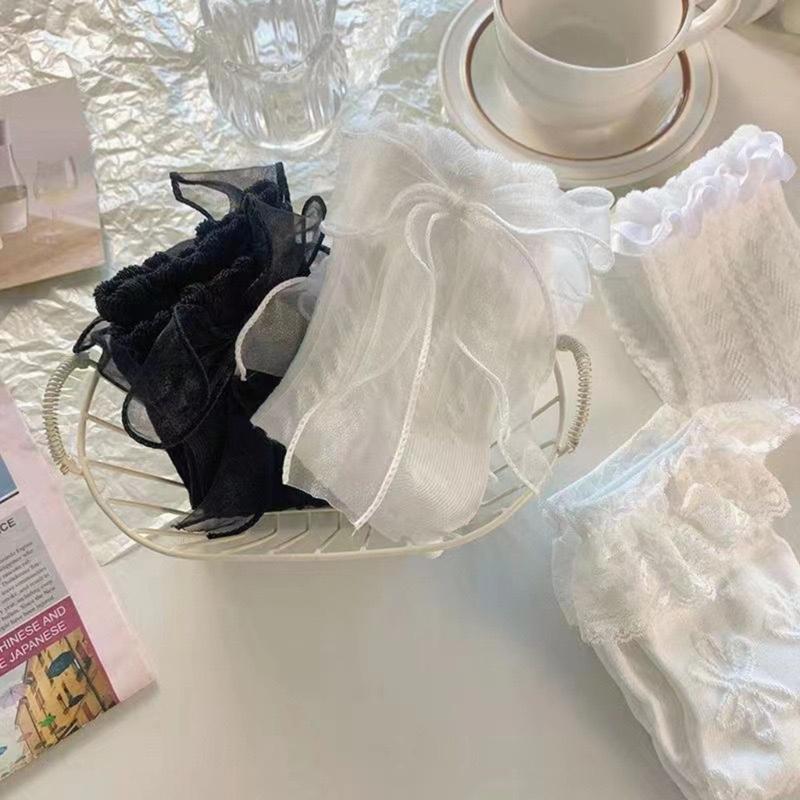 Lace Trim Bowknot Detail Ankle Socks 6 Pairs Thin Summer Middle Calf Socks for Japanese Styles Students Daily Wear