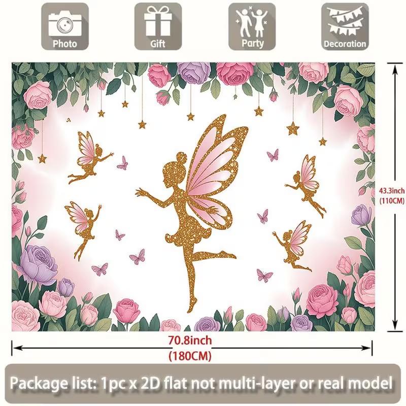 2D Fairy Backdrop, Pink Gold Glitter Fairy Floral Photography Background Banner