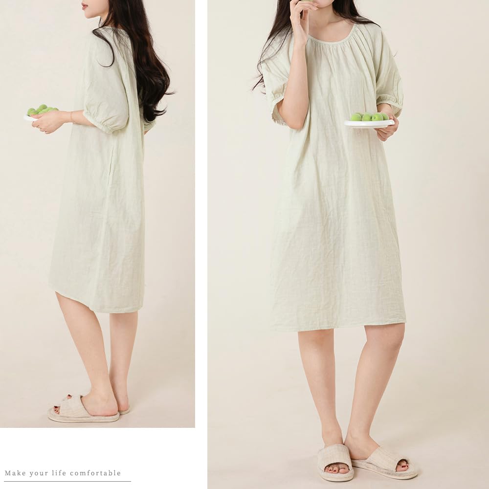 Cotton Double Gauze Pajama and Size Green [Yes family] Women's 100% Dress, Knee-Length, Summer, Flattering, Stylish, Elegant, LL,