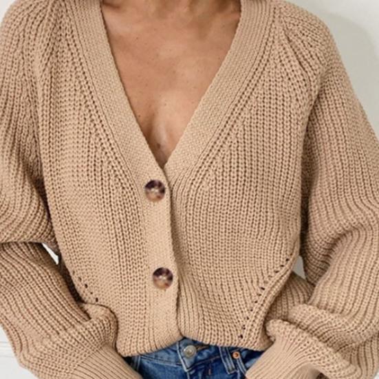 Knitted Cardigan Solid Color Long Sleeve Polyester Single-Breasted Women Sweater for Autumn